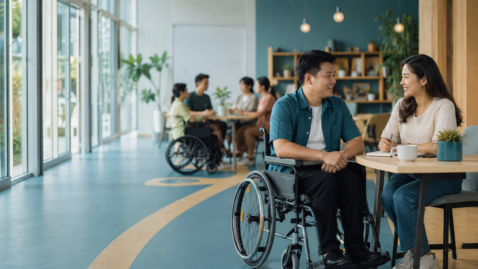 Thành viên sử dụng xe lăn trao đổi cùng người hỗ trợ trong không gian cộng đồng