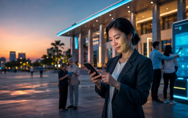 Người dân sử dụng điện thoại để tiếp cận tiện ích số đô thị tại Hải Phòng